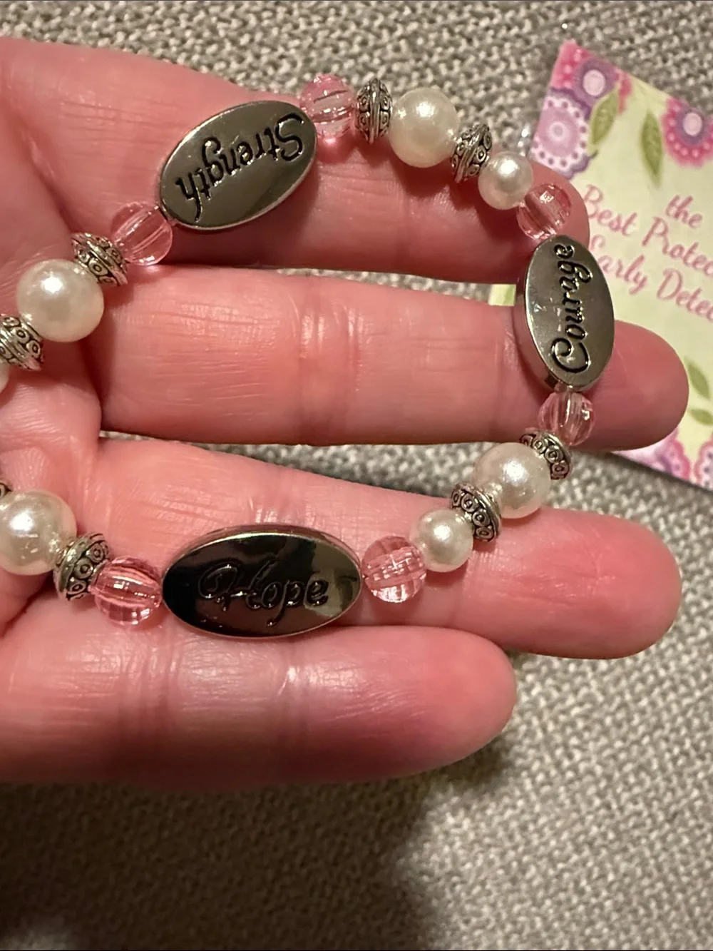 Breast Cancer Hope Courage & Strength Pink Ribbon Beaded Toggle Bracelet